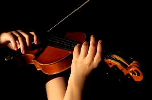 Musician playing violin isolated on black
